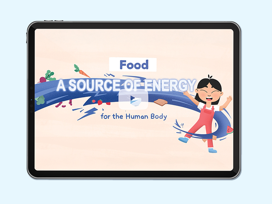 Illustrations of a child with energy and food swirling around. Text on image: Food- a source of energy for the human body.