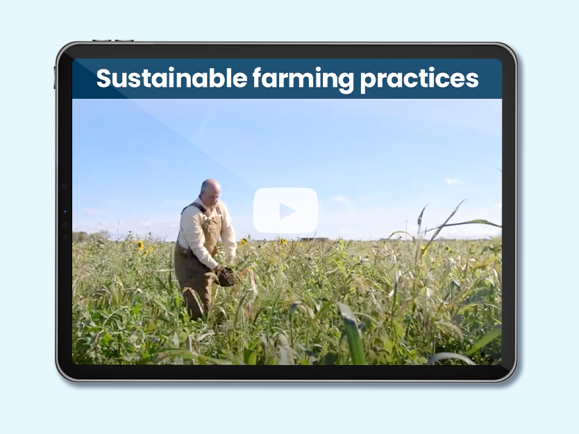 A farmer working in the field. Text on screen: Sustainable farming practices