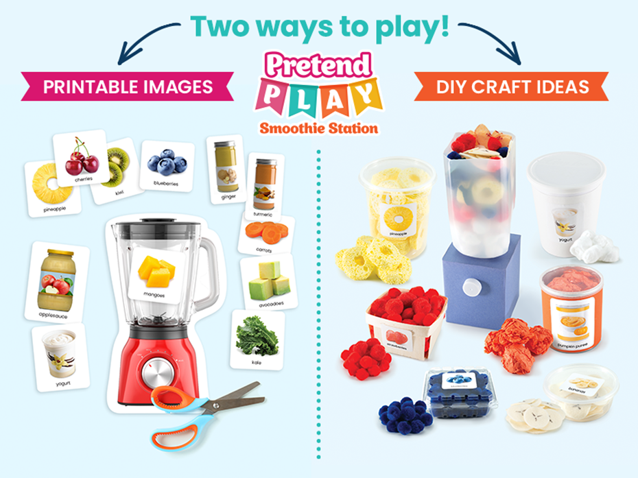 Two ways to play! Printable images and DIY craft ideas. Smoothie station pretend play. 