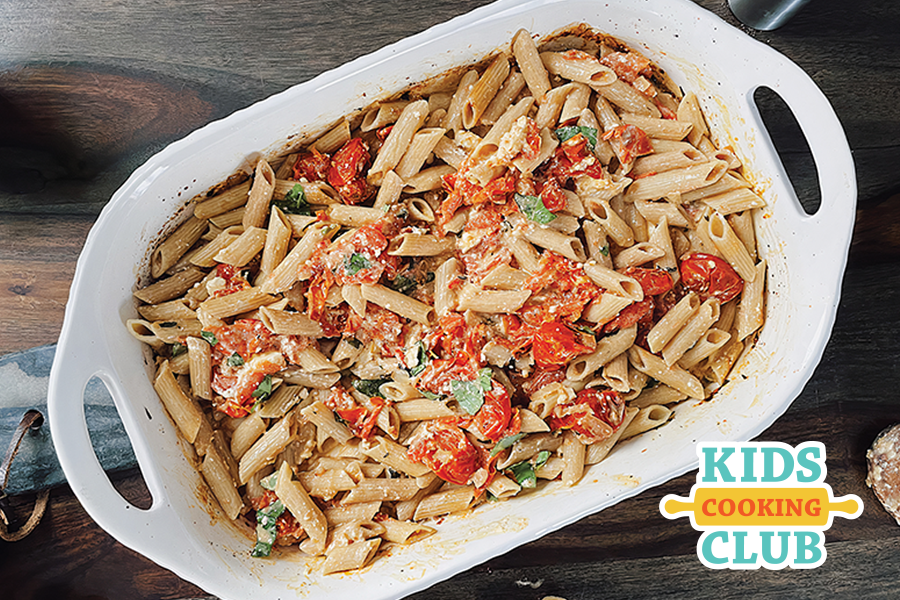 casserole with pasta, tomatoes, Feta cheese and basil. Logo: Kids Cooking Club. 