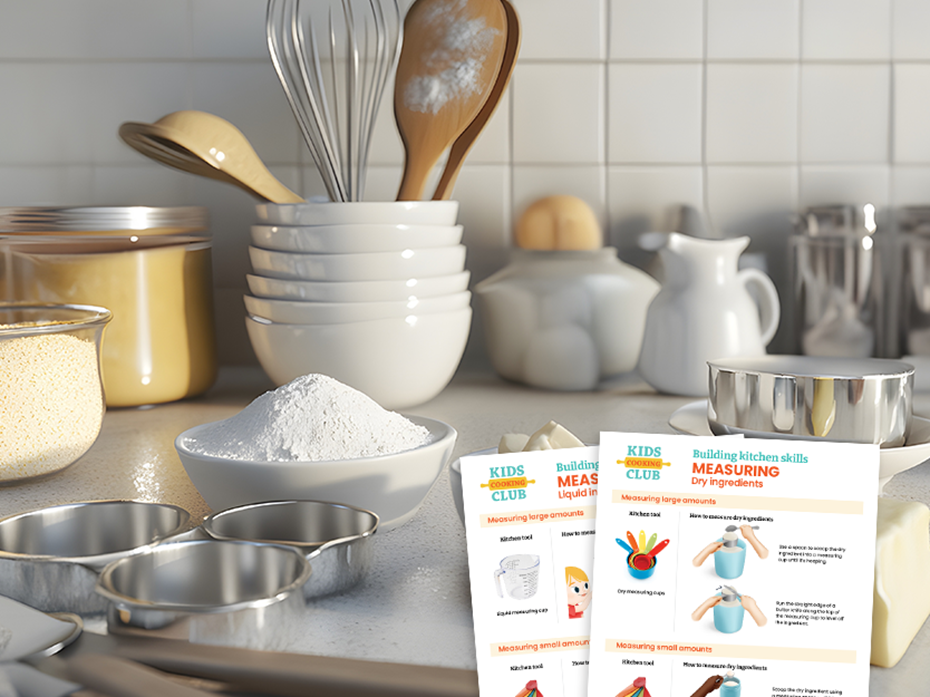 Kitchen counter with kitchen tools and ingredients such as flour in a bowl, butter in a bowl and activity sheets