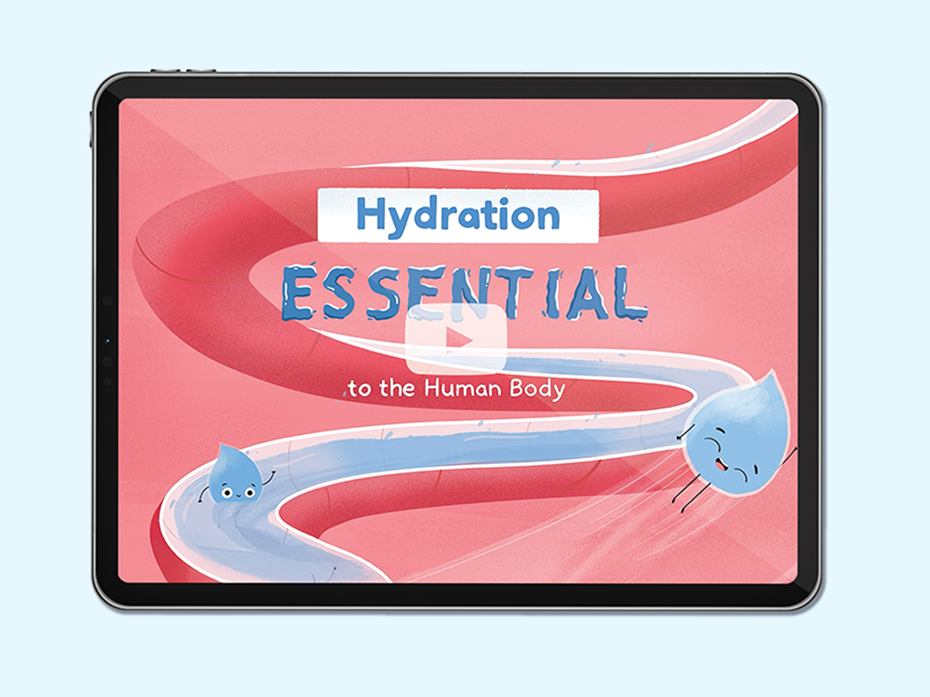 tablet with illustrations of a drop of water traveling through the stomach. Text on image: hydration- essential to the human body.