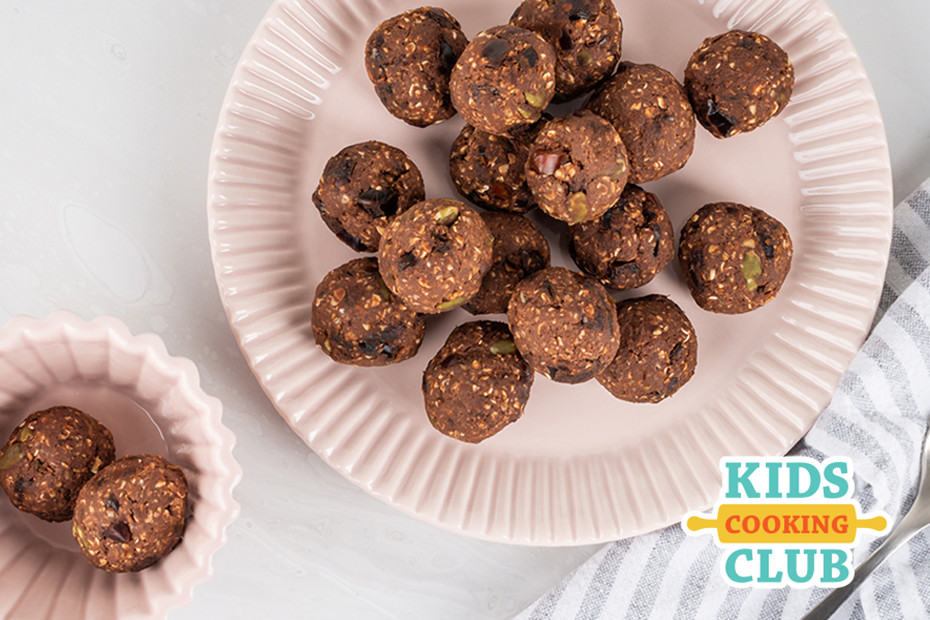 Chocolate energy balls on a plate