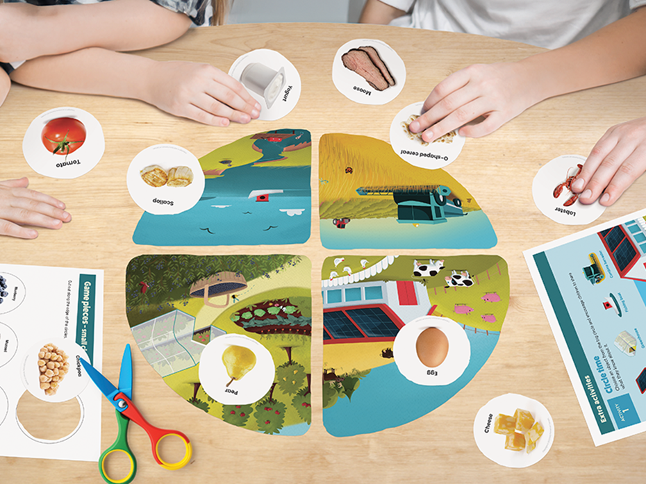 Kids at a table playing the food matching game