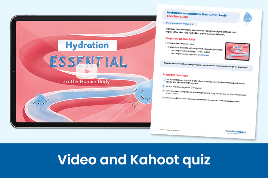 tablet with illustrations of a drop of water traveling through the stomach. Text on image: hydration- essential to the human body.