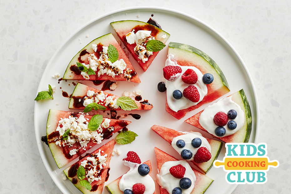 Watermelon pizza with yogurt as the sauce and fruit as toppings