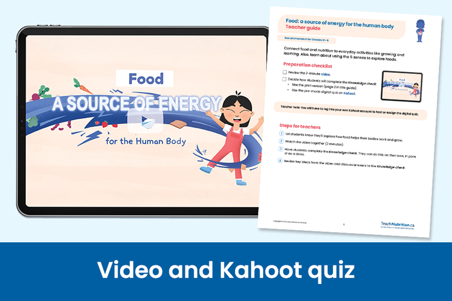 Illustrations of a child with energy and food swirling around. Text on image: Food- a source of energy for the human body.