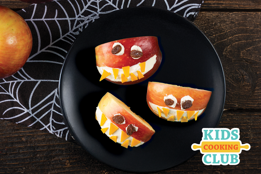 monster apples on a plate for Halloween