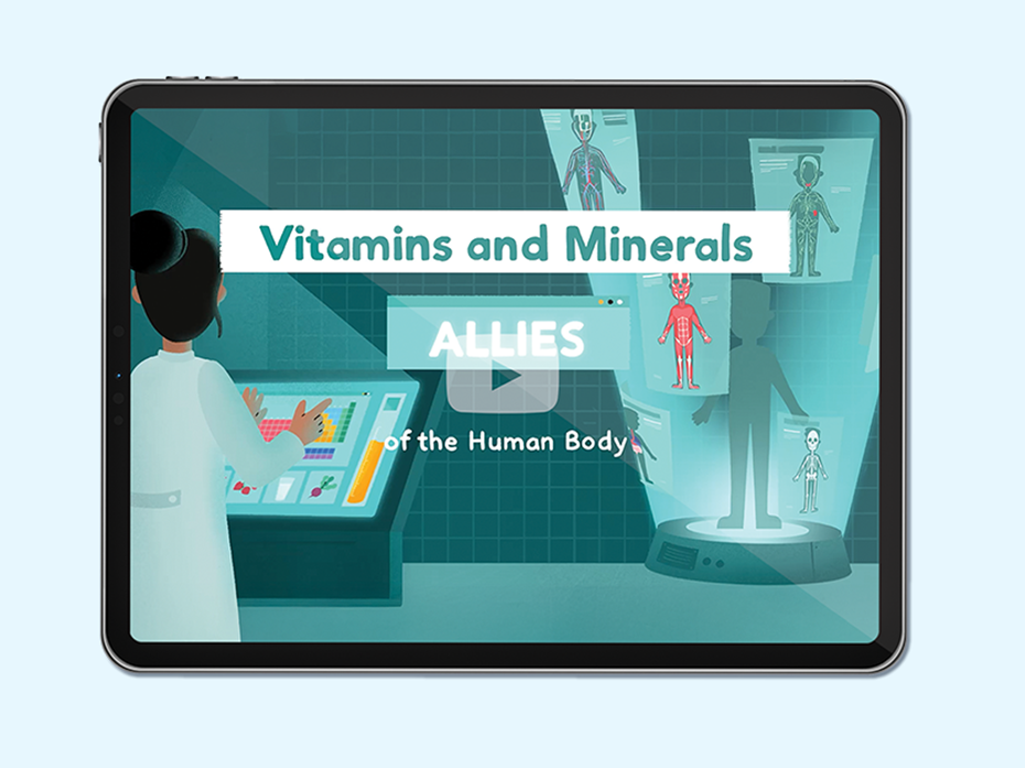 tablet with illustrations of the different systems in the body. Text on image: vitamins and minerals- allies of the human body. 