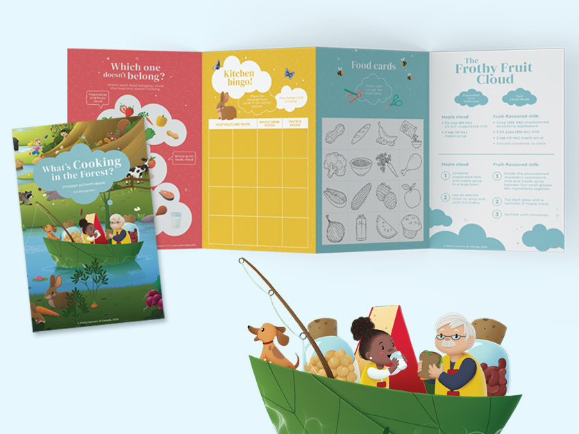 booklet What's Cooking in the Forest- illustrations of a grandpa and his grandaughter in a boat on pond