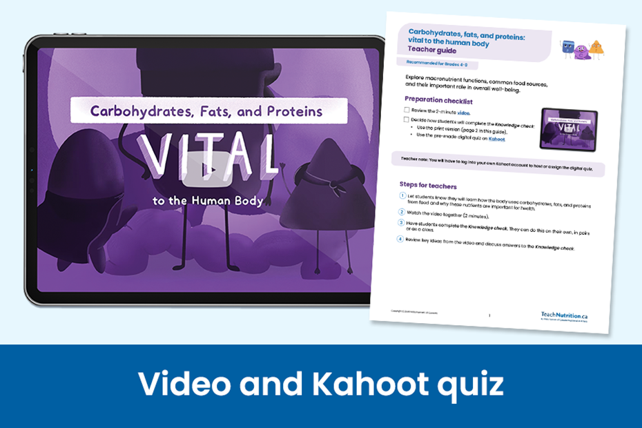 Tablet with text: Carbohydrates, fats and proteins- vital to the human body.