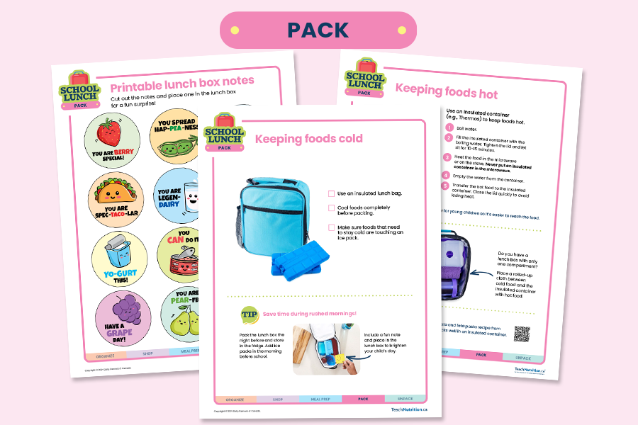  School lunch printable lunch box notes, how to keep foods hot with an insulated container and how to keep foods cold